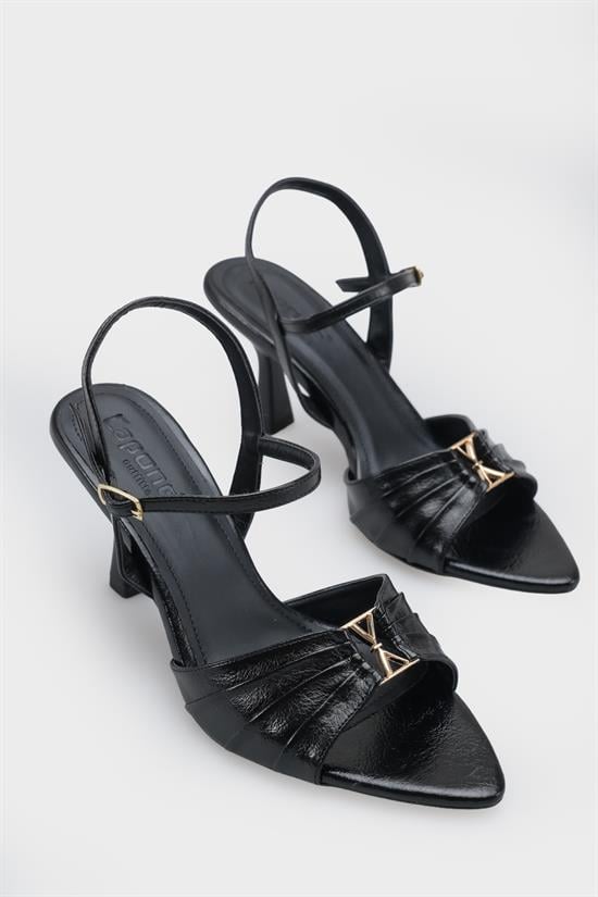 Capone  Belvia Pointed Toe Metallic Ankle Strap Mid Heel Women Black Shoe image 4