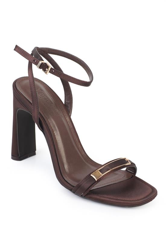 Capone Bessy Square Toe High Heel Metal Accessory Ankle Strap Women Satin Brown Shoe