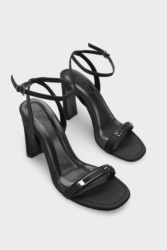 Capone Bessy Square Toe High Heel Metal Accessory Ankle Strap Women Satin Black Shoe image 3