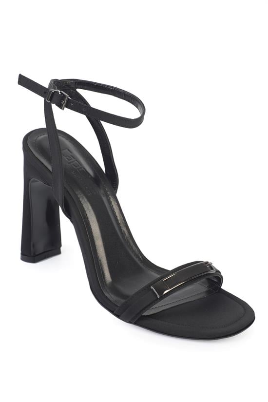 Capone Bessy Square Toe High Heel Metal Accessory Ankle Strap Women Satin Black Shoe
