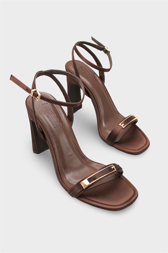 Capone Bessy Square Toe High Heel Metal Accessory Ankle Strap Women Satin Brown Shoe image 3