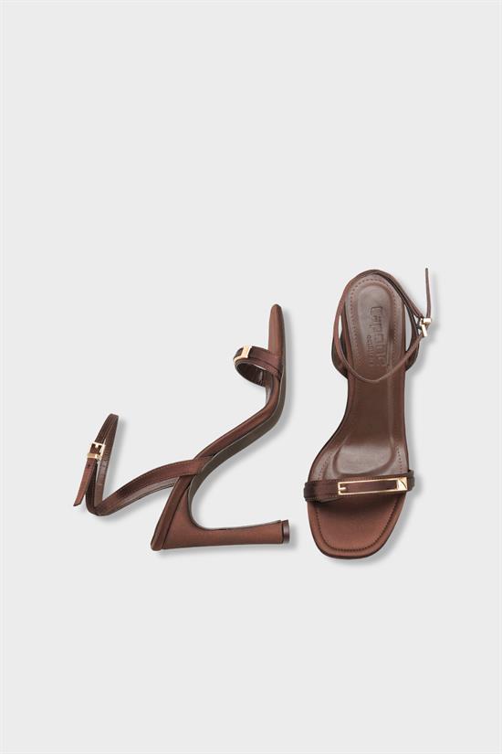 Capone Bessy Square Toe High Heel Metal Accessory Ankle Strap Women Satin Brown Shoe image 6