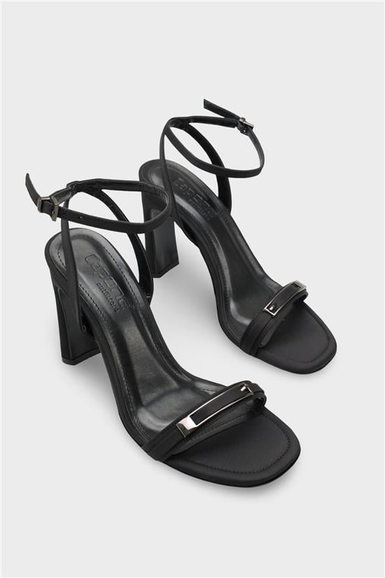 Capone Bessy Square Toe High Heel Metal Accessory Ankle Strap Women Satin Black Shoe image 3