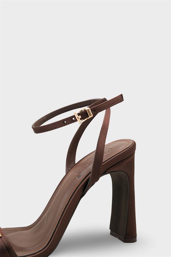Capone Bessy Square Toe High Heel Metal Accessory Ankle Strap Women Satin Brown Shoe image 5