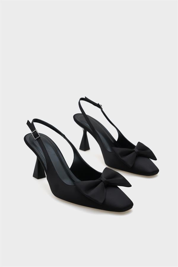 Capone Pam Blunt Pointed Toe Bow Open Back Satin Women Satin Black Shoes image 4