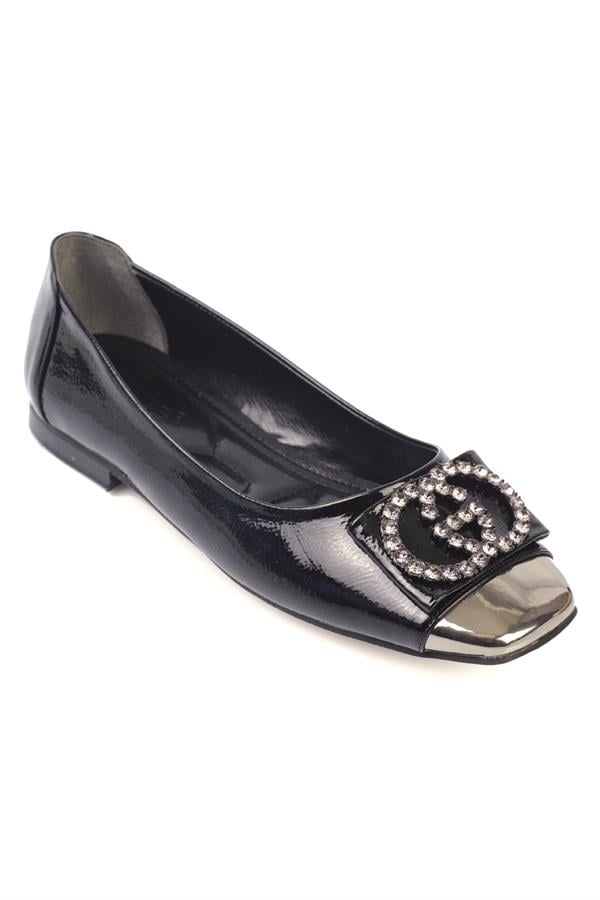Capone Adel Blunt Toe Crystal Embellished Buckled Women Black Crinkle Patent Ballerinas