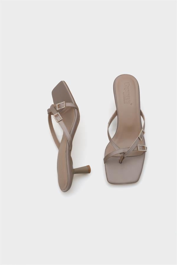 Capone Milena Blunt Toe Medium Heel Double Crystal Embellished Buckled Satin Women Satin Mink Sandals image 5