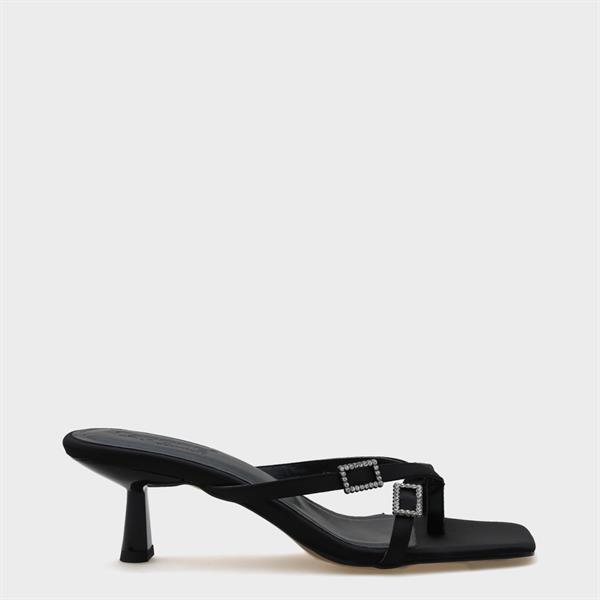 Capone Milena Blunt Toe Medium Heel Double Crystal Embellished Buckled Satin Women Satin Black Sandals image 2