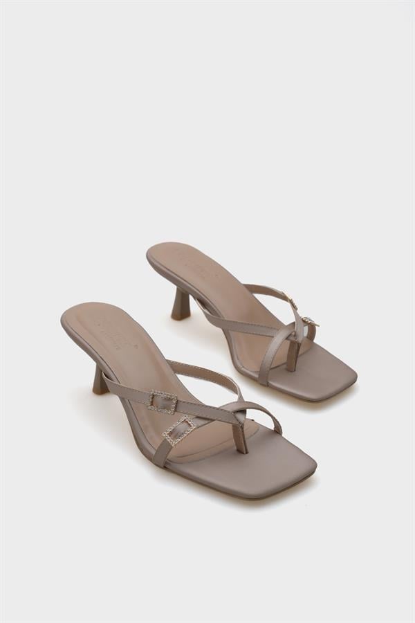 Capone Milena Blunt Toe Medium Heel Double Crystal Embellished Buckled Satin Women Satin Mink Sandals image 4