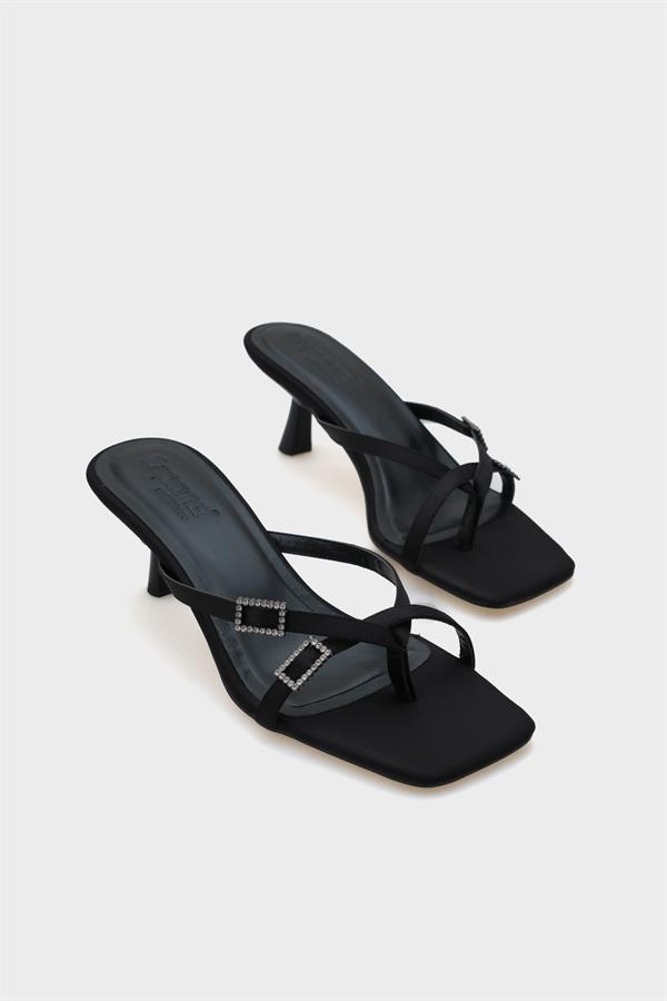 Capone Milena Blunt Toe Medium Heel Double Crystal Embellished Buckled Satin Women Satin Black Sandals image 4