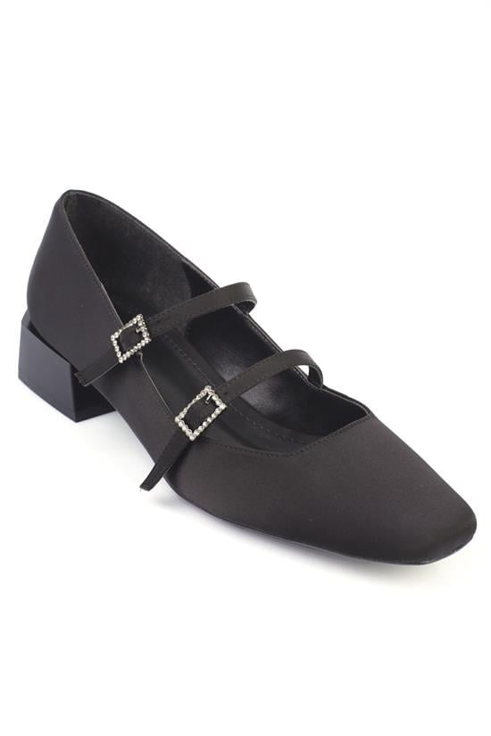 Capone Blunt Toe Short Heeled Crystal Embellished Buckled Satin Women Satin Black Mary Jane Shoes image 1