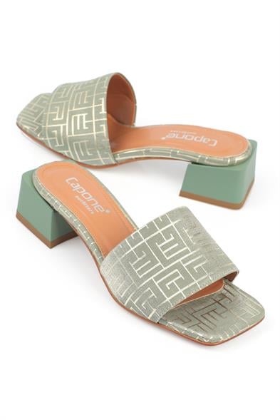 Capone Blunt Toe Single Band Heeled Satin Labrinth Pattern Woman Sandals image 4