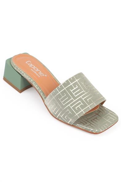 Capone Blunt Toe Single Band Heeled Satin Labrinth Pattern Woman Sandals image 2