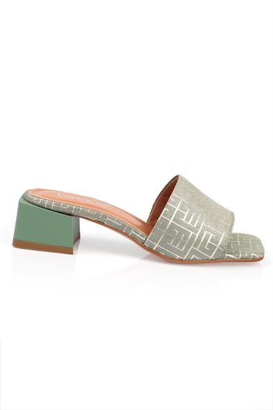 Capone Blunt Toe Single Band Heeled Satin Labrinth Pattern Woman Sandals image 3