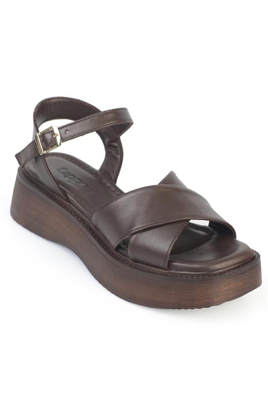 Capone Bobbi  Genuine Leather Cross Strap Wedge Heel Women Brown Sandal