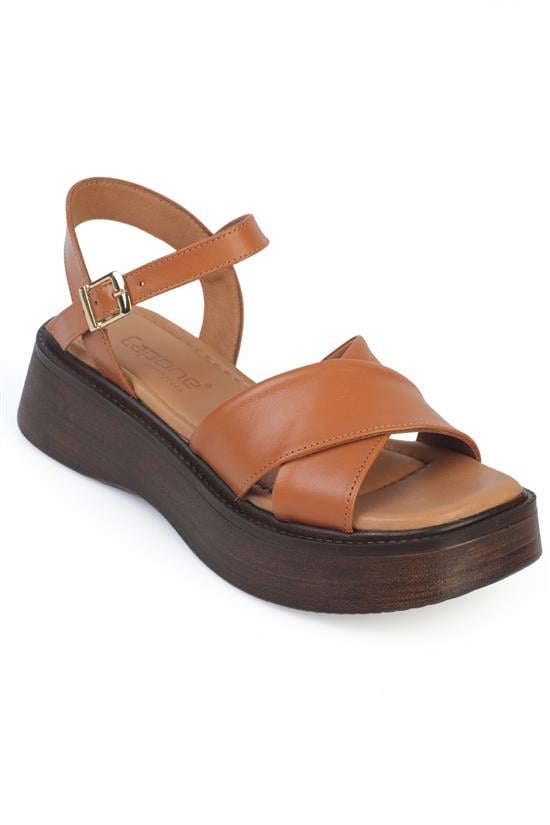 Capone Bobbi  Genuine Leather Cross Strap Wedge Heel Women Tan Sandal