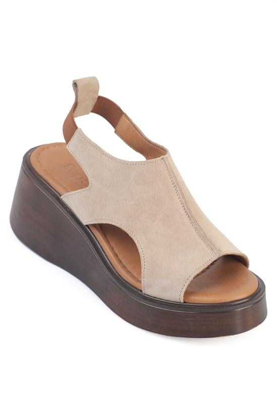 Capone Brena Genuine Suede Cross Strap Wedge Heel Women Beige Sandal
