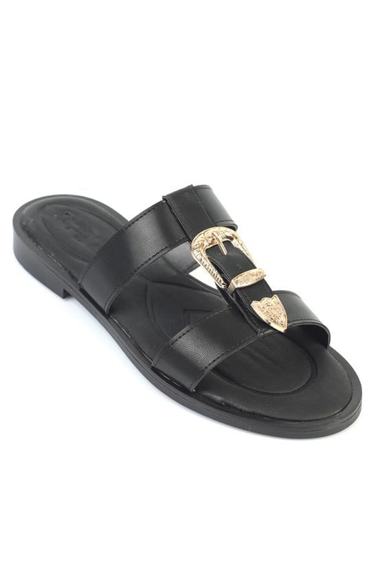 Capone Brynn Metal Buckle Flat Heel Women Black Sandal