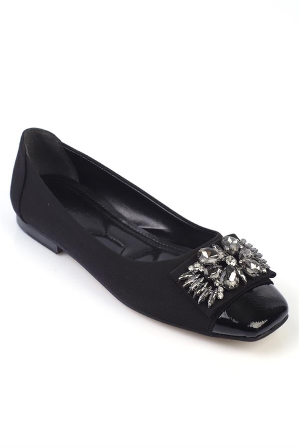 Capone Agnes Burnu Metalic Cristal Embellished Bouckle Chic Ballet Women Black Flats