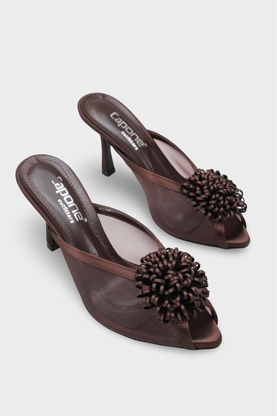 Capone Caitrin Mesh Satin Mid Heel Elegant Women Satin Brown Sandal image 3
