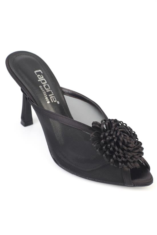 Capone Caitrin Mesh Satin Mid Heel Elegant Women Satin Black Sandal
