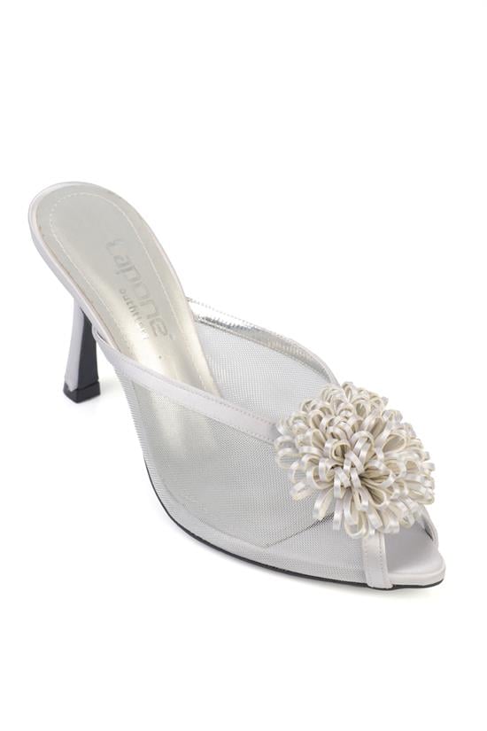 Capone Caitrin Mesh Satin Mid Heel Elegant Women Silver Sandal