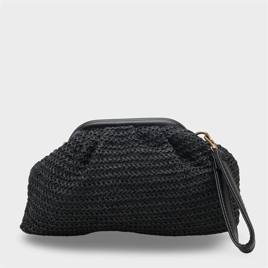 Capone Capri Raffia Look Drawstring Women Black Bag