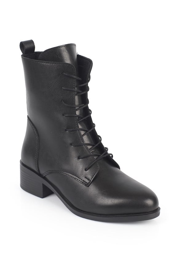 Capone Carolie Lace-Up Side Zip Mid Heel Casual Women Black Ankle Boot