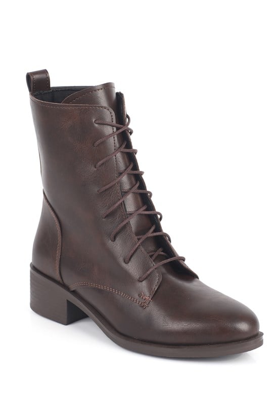 Capone Carolie Lace-Up Side Zip Mid Heel Casual Women Brown Ankle Boot