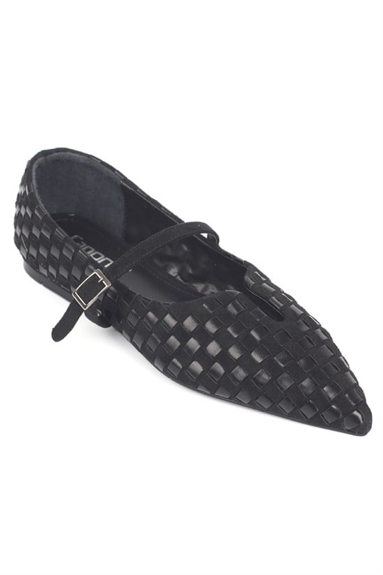 Capone Carry Suede Look Handwoven Pointed Toe Buckle Women Sued Black Ballet Flat