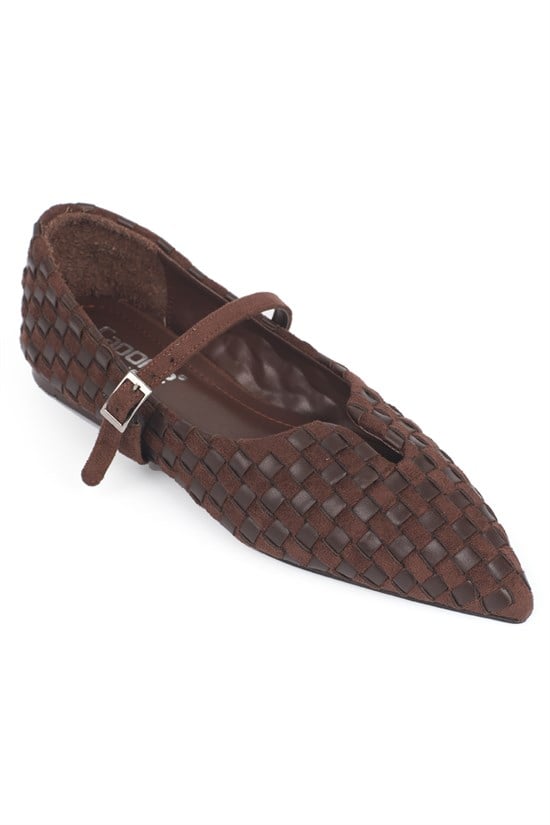 Capone Carry Suede Look Handwoven Pointed Toe Buckle Women Sued Brown Ballet Flat