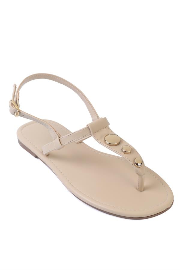 Capone Celia Flat Heel Metal Accessory Round Thong Toe Women Beige Sandals