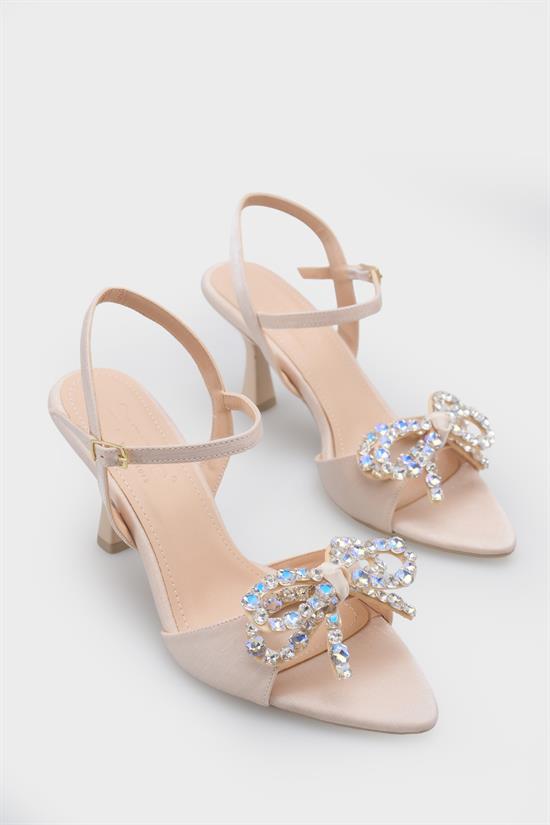 Capone Cissie Pointed Toe Crystal Embellished Ankle Strap Satin Mid Heel Women Beige Shoe image 4