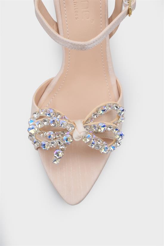 Capone Cissie Pointed Toe Crystal Embellished Ankle Strap Satin Mid Heel Women Beige Shoe image 5