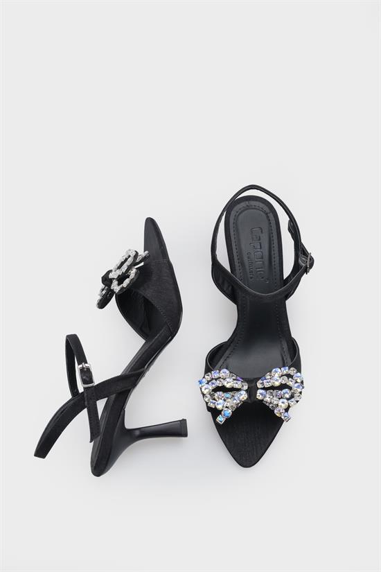 Capone Cissie Pointed Toe Crystal Embellished Ankle Strap Satin Mid Heel Women Black Shoe image 6