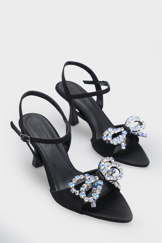 Capone Cissie Pointed Toe Crystal Embellished Ankle Strap Satin Mid Heel Women Black Shoe image 4