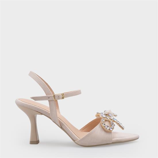 Capone Cissie Pointed Toe Crystal Embellished Ankle Strap Satin Mid Heel Women Beige Shoe image 3