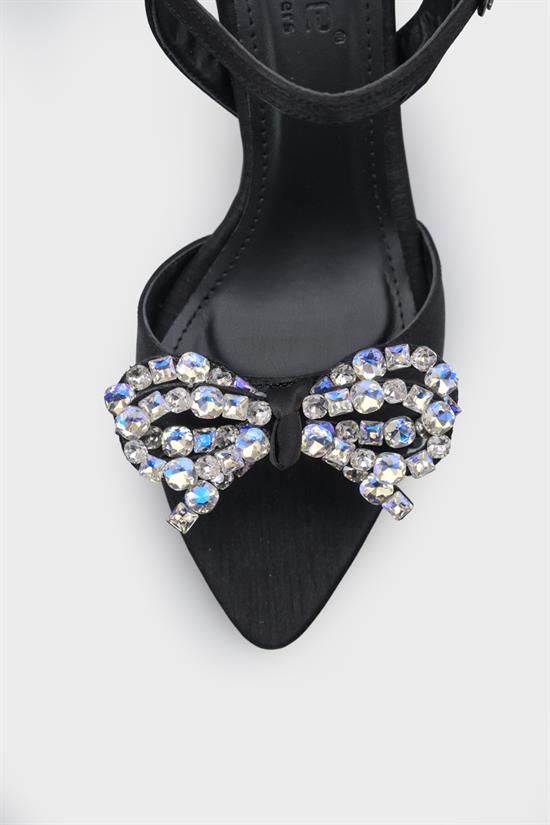 Capone Cissie Pointed Toe Crystal Embellished Ankle Strap Satin Mid Heel Women Black Shoe image 5