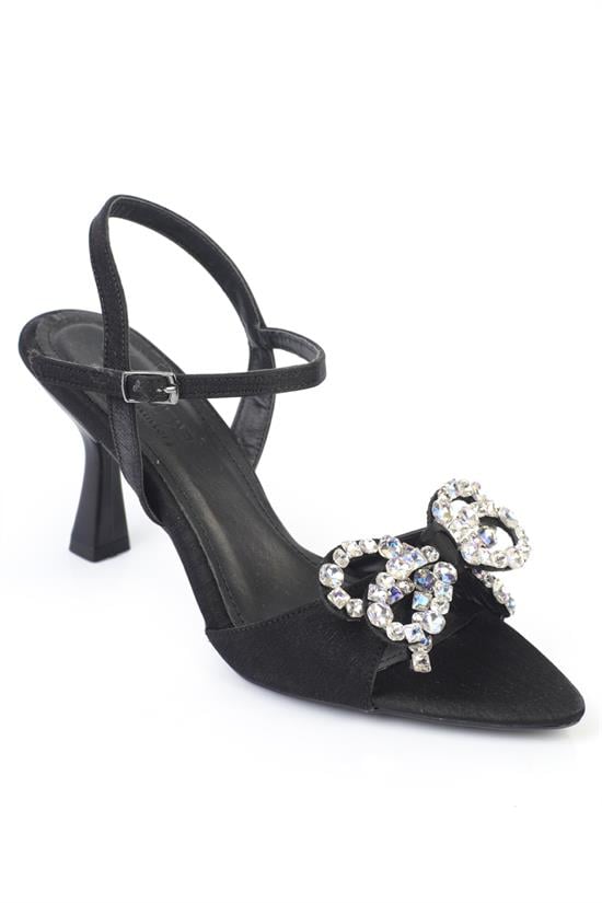 Capone Cissie Pointed Toe Crystal Embellished Ankle Strap Satin Mid Heel Women Black Shoe