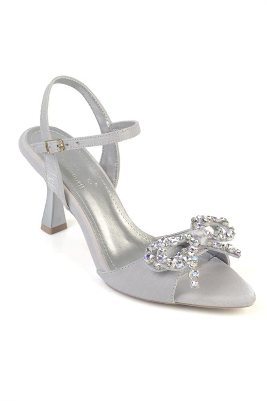 Capone Cissie Pointed Toe Crystal Embellished Ankle Strap Satin Mid Heel Women Silver Shoe