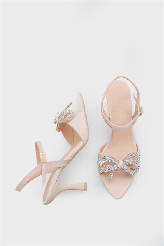 Capone Cissie Pointed Toe Crystal Embellished Ankle Strap Satin Mid Heel Women Beige Shoe image 6