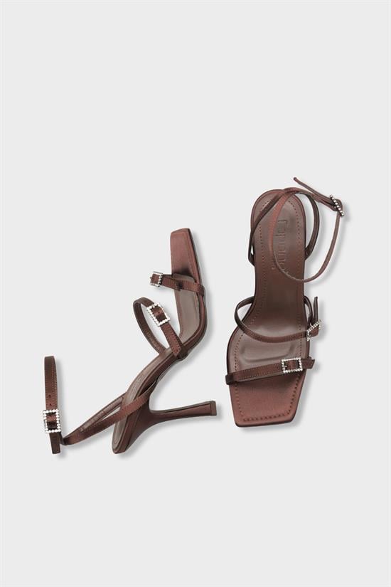 Capone Connie Square Toe Ankle Strap Crystal Embellished Buckle Mid Heel Women Satin Brown Shoe image 6