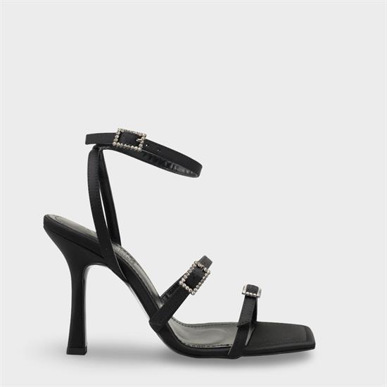Capone Connie Square Toe Ankle Strap Crystal Embellished Buckle Mid Heel Women Satin Black Shoe image 2