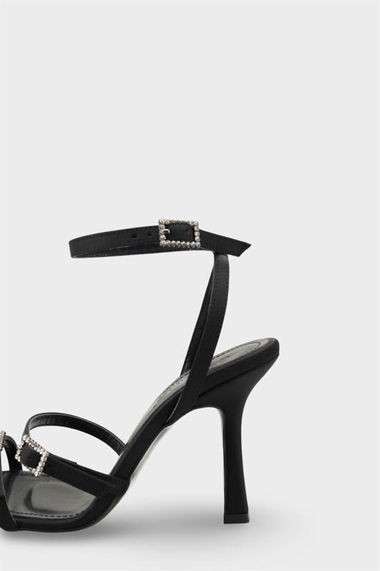 Capone Connie Square Toe Ankle Strap Crystal Embellished Buckle Mid Heel Women Satin Black Shoe image 5
