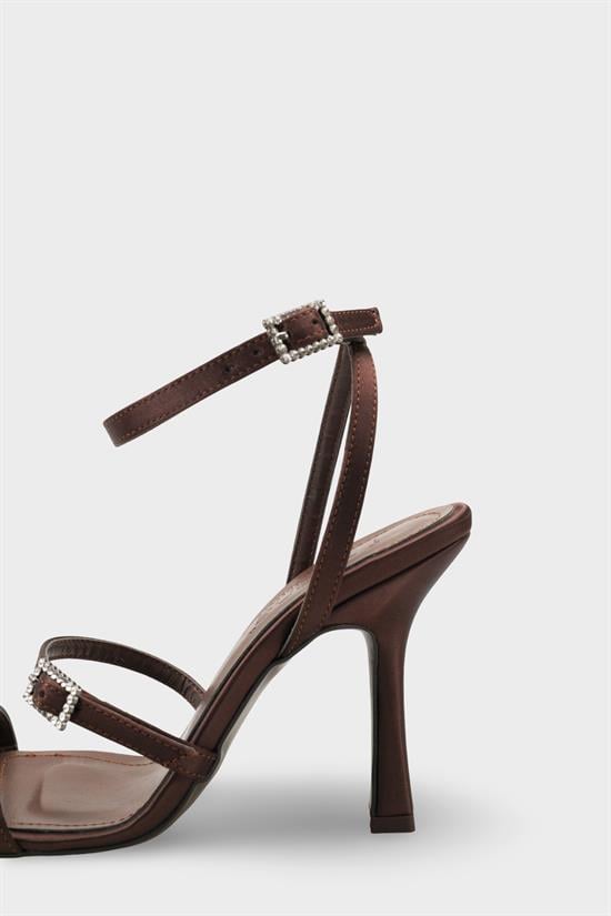 Capone Connie Square Toe Ankle Strap Crystal Embellished Buckle Mid Heel Women Satin Brown Shoe image 5