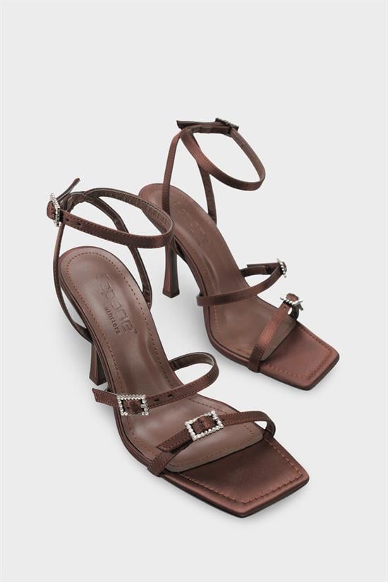 Capone Connie Square Toe Ankle Strap Crystal Embellished Buckle Mid Heel Women Satin Brown Shoe image 3