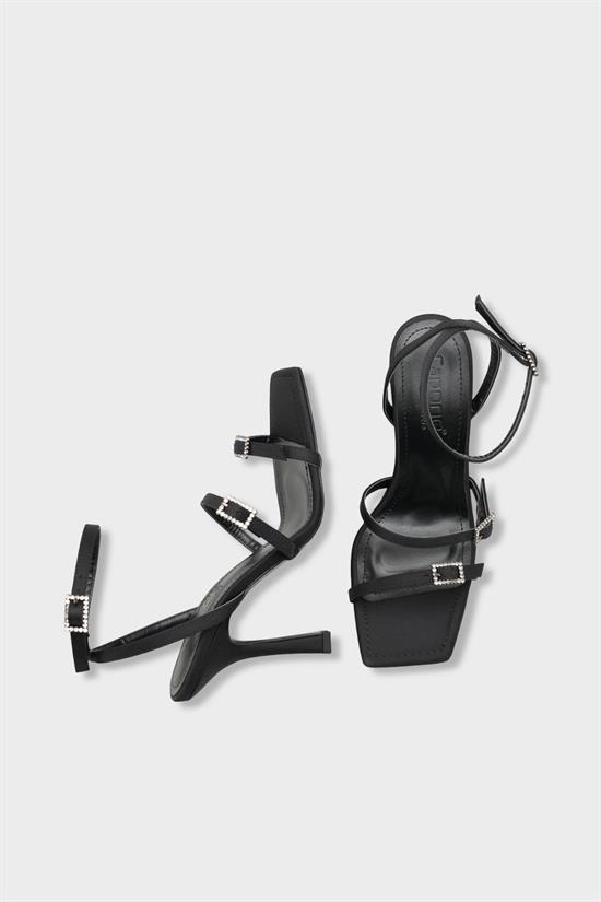 Capone Connie Square Toe Ankle Strap Crystal Embellished Buckle Mid Heel Women Satin Black Shoe image 6