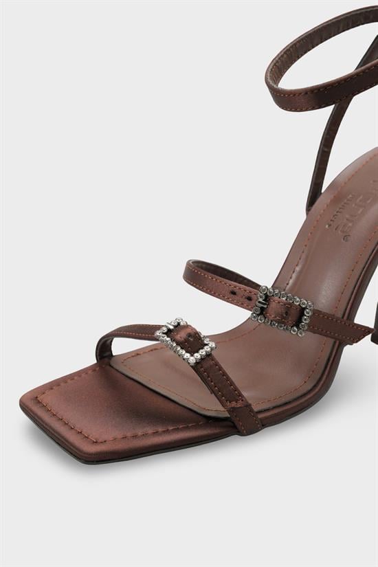 Capone Connie Square Toe Ankle Strap Crystal Embellished Buckle Mid Heel Women Satin Brown Shoe image 4