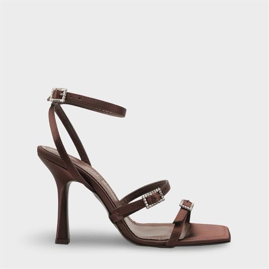 Capone Connie Square Toe Ankle Strap Crystal Embellished Buckle Mid Heel Women Satin Brown Shoe image 2