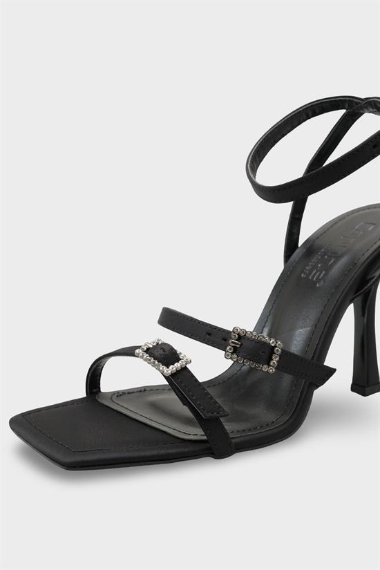Capone Connie Square Toe Ankle Strap Crystal Embellished Buckle Mid Heel Women Satin Black Shoe image 4